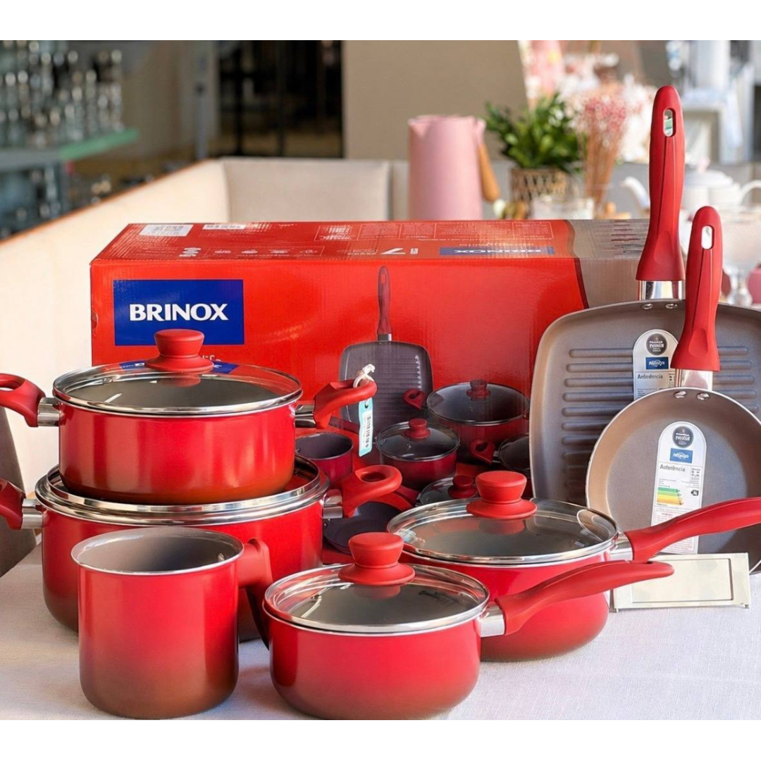 Jogo De Panelas 7 Peças Revst Cerâmico Antiaderente Brinox Vermelho