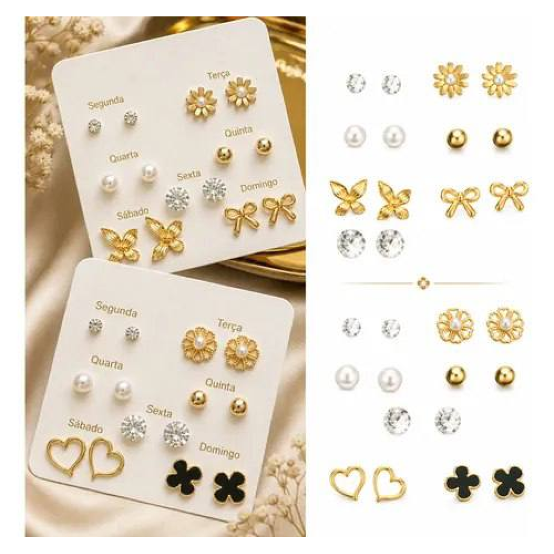 Kit 14 Pares De Brincos Minimalista Elegante Perola Zirconia Dourado
