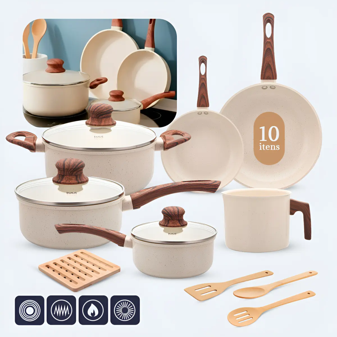 Jogo De Panelas Induçao Antiaderente Cerâmica 10 Peças Ppg Pfoa Free Baunilha