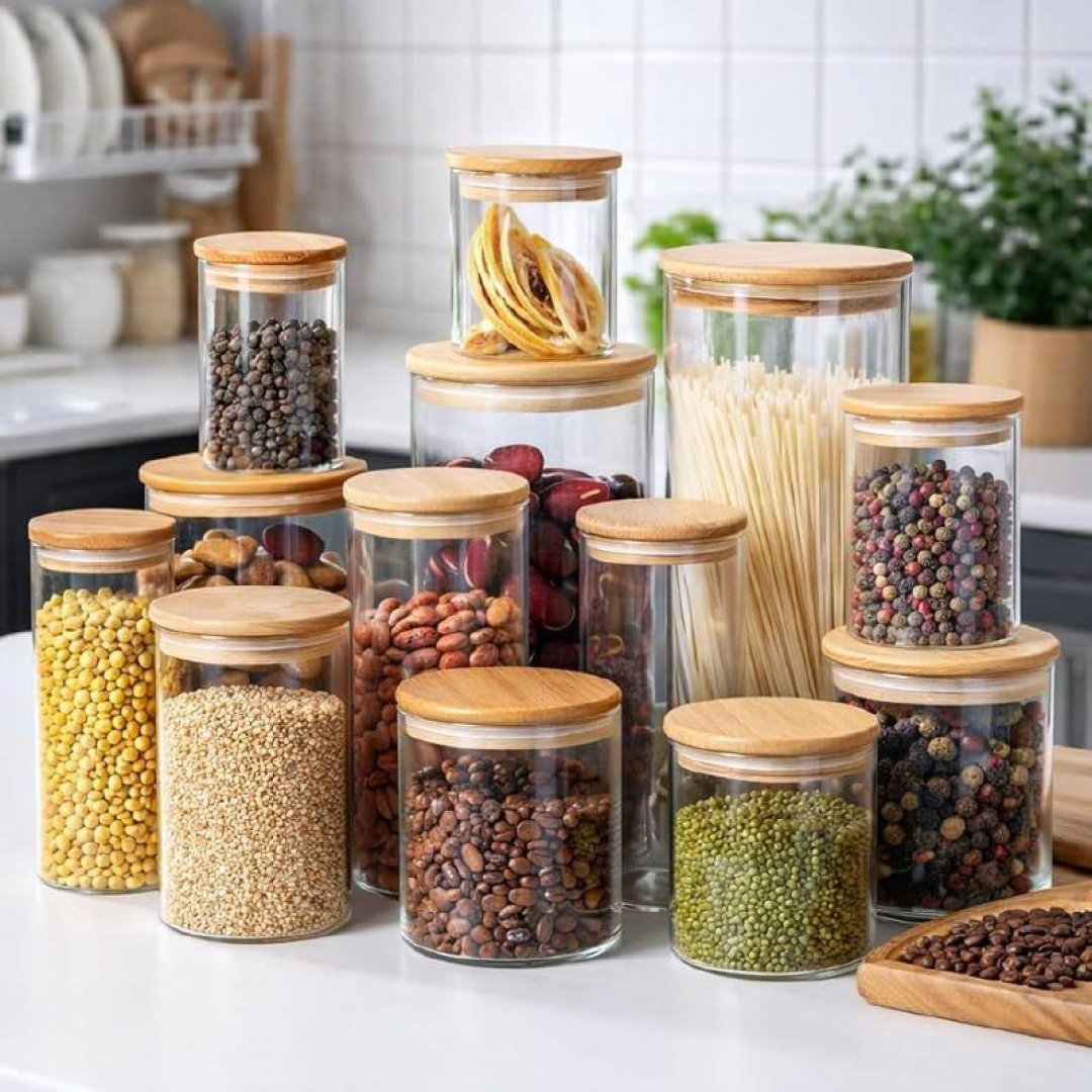 Kit 13 Potes De Vidro Herméticos Com Tampa De Bambu Organizador Para Mantimentos Grãos Café Cereais Massas Shokki