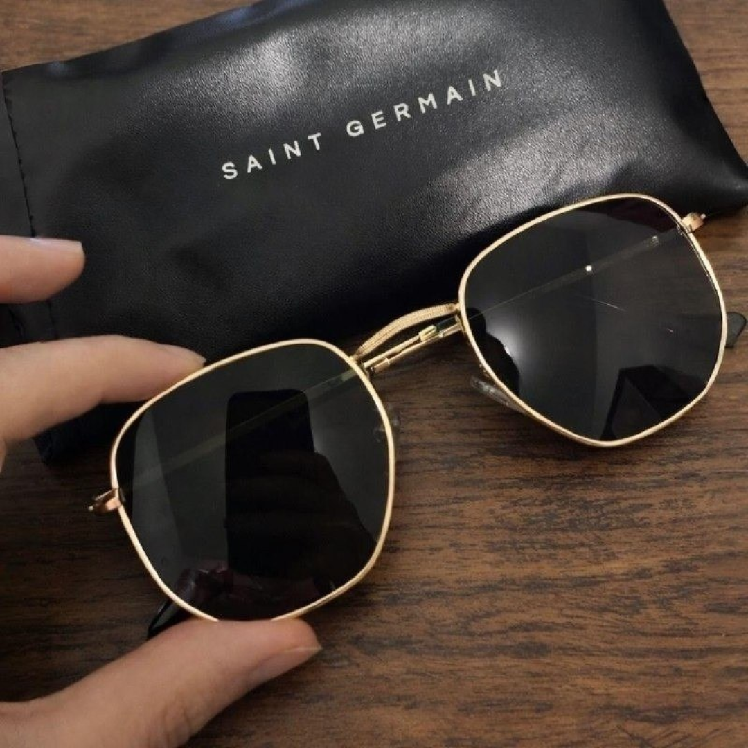 Óculos De Sol Saint Germain Dourado Harbor Aviador Uv400 Lente Preto Desenho Espelho