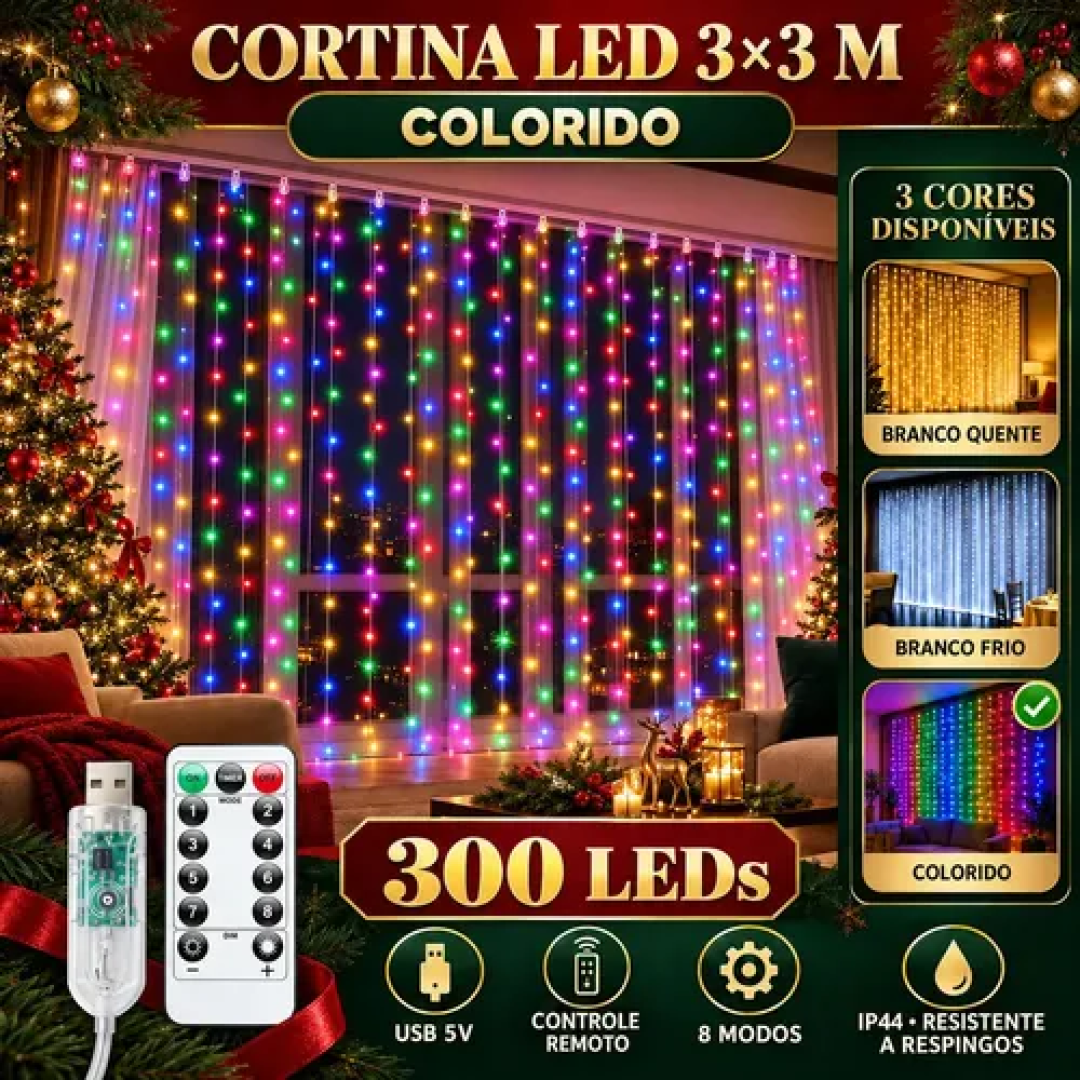 Pisca Cortina 300 Leds 3x3m 8 Modos Iluminação