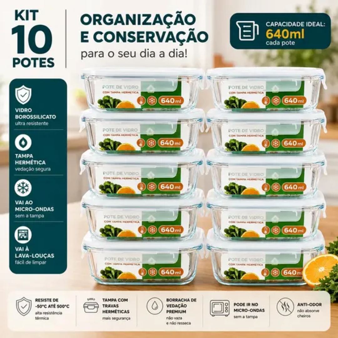Kit com 10 Potes de Vidro Hermético 640ml