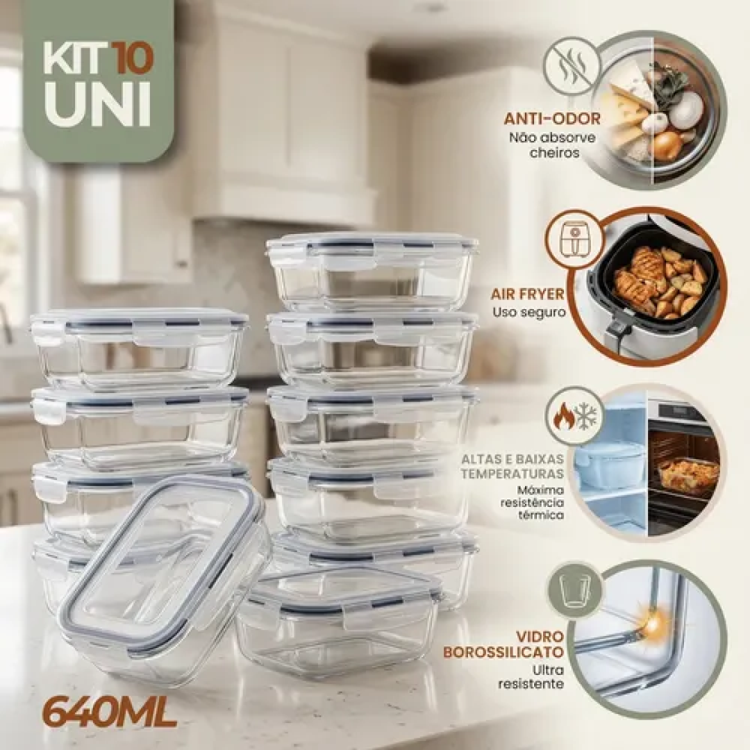 Kit com 10 Potes Herméticos De Vidro 640ml