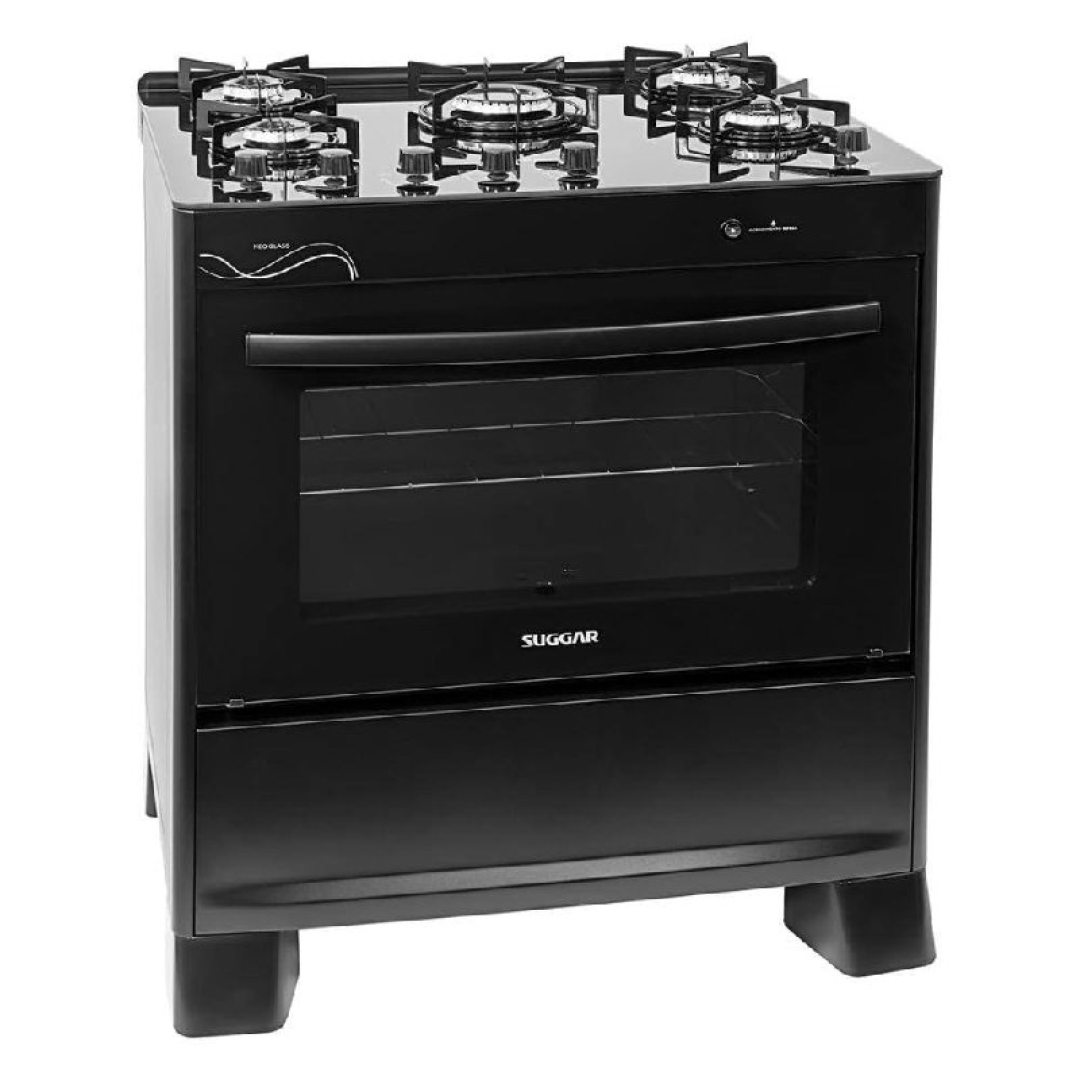 SUGGAR FOGÃO NEO GLASS PRETO MESA DE VIDRO 5 BOCAS TREMPE 6 APOIOS ACENDIMENTO AUTOMÁTICO FGVNG510PT