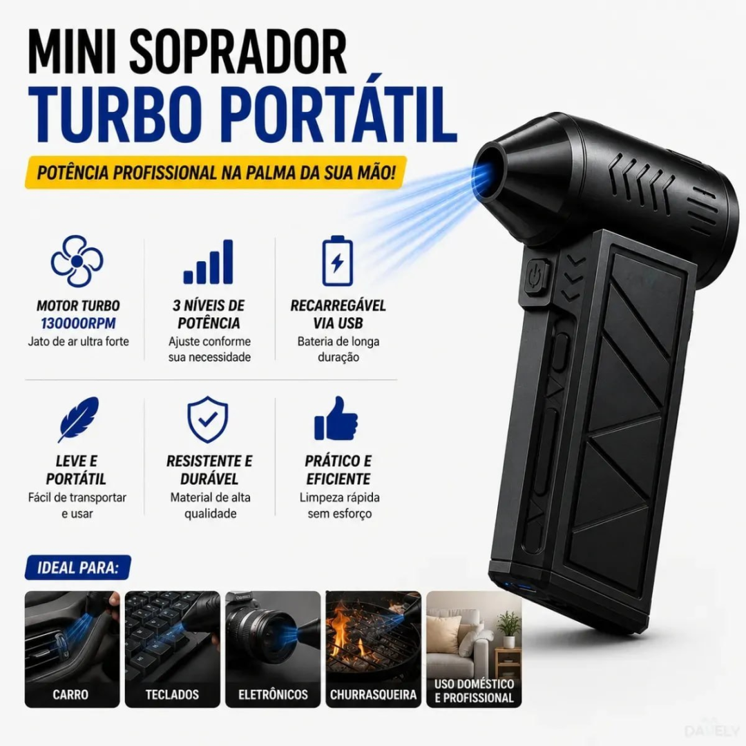 Soprador Ar Turbo 130000rpm Assoprador Sem Fio Recarregável Usb 3 Níveis Jato Forte Portátil