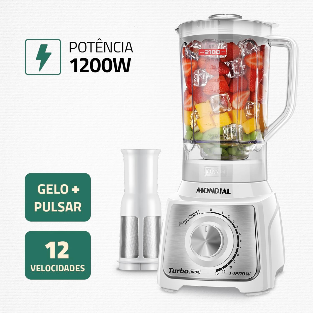 MONDIAL Liquidificador Turbo, Branco/Inox, 1200W, 220V - L-1200 WI