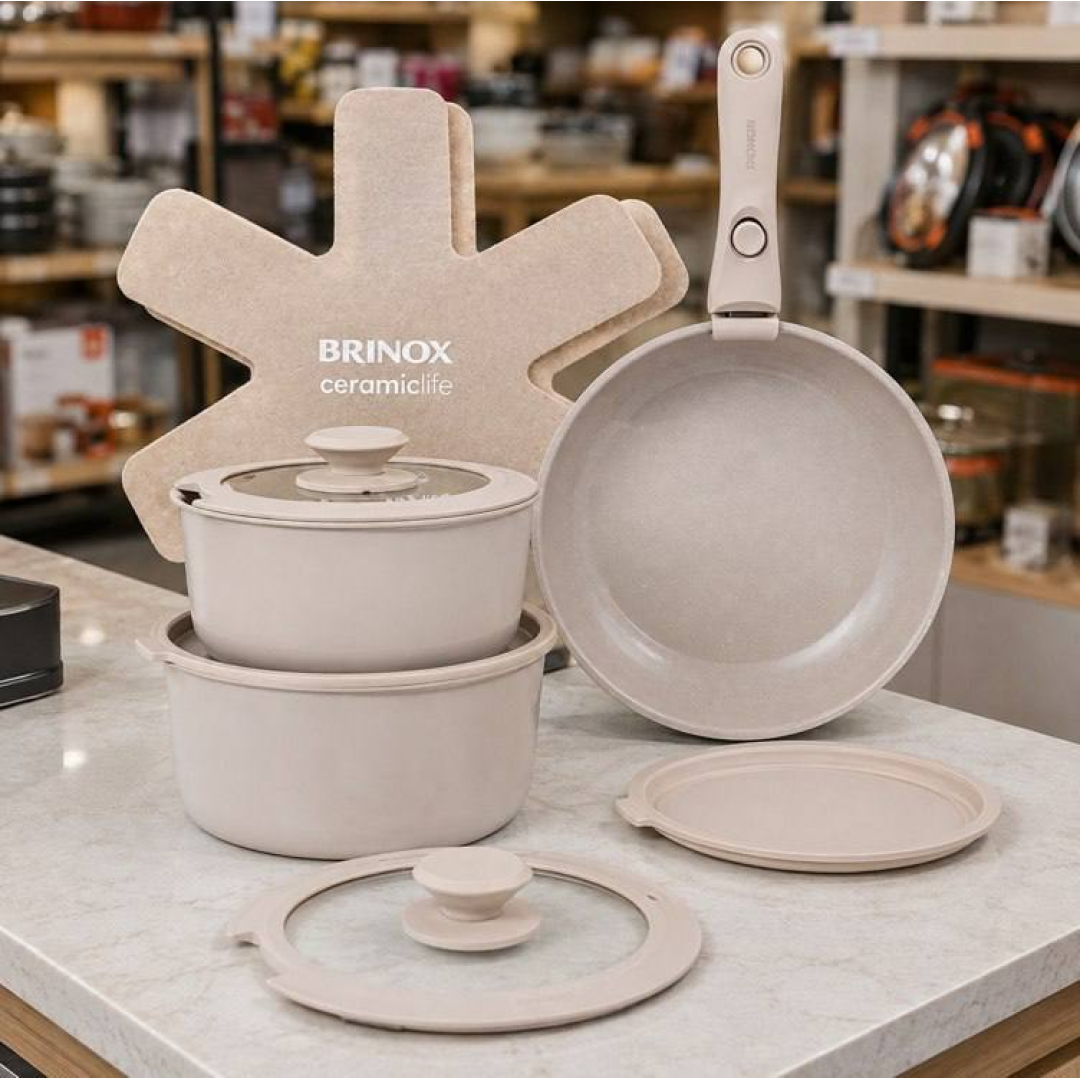 Jogo De Panelas Antiaderente Cerâmico 10 Peças Brinox Fit Cor Areia