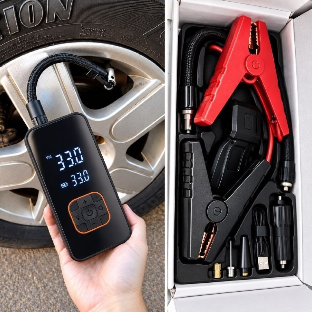 Kit Compressor de Ar Compacto 150 Psi + Auxiliar de Partida + Powerbank