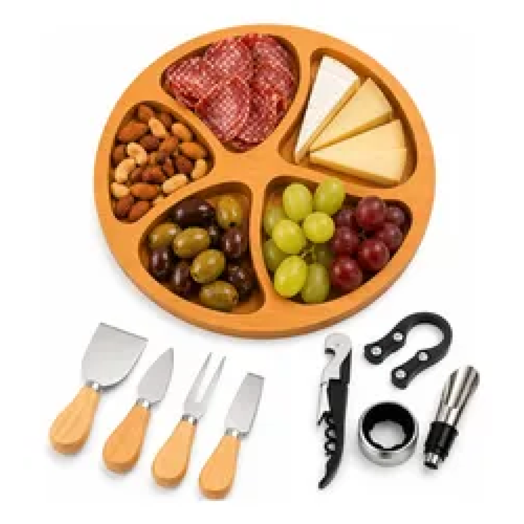 Kit Vinho 4 Peças + 4 Facas P Queijo + Petisqueira