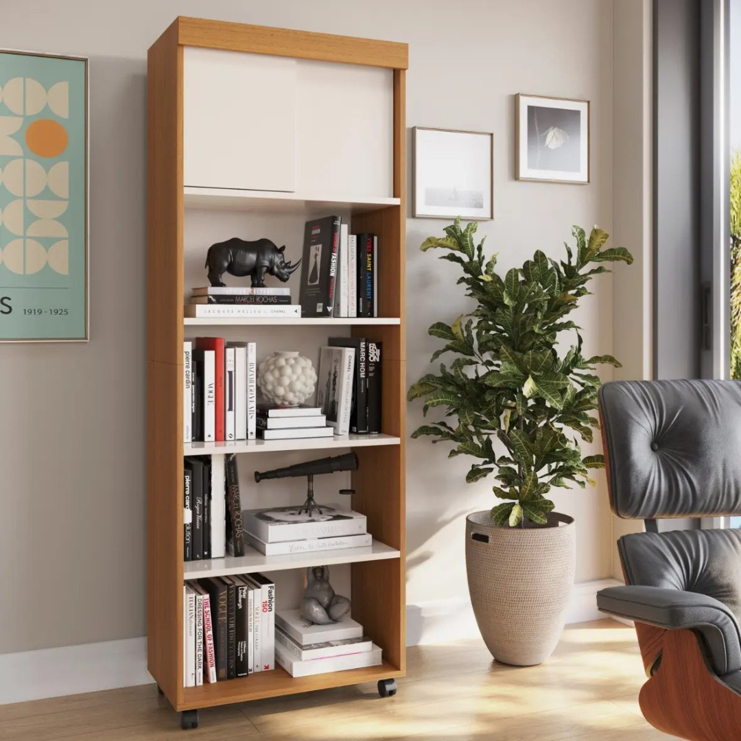 Estante Para Livros Com Portas 4 Prateleiras Organizador Livreiro Para Sala Escritório Multiuso Cor Cedro Off White