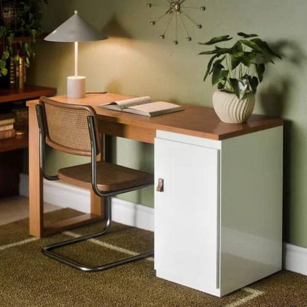 Escrivaninha Paris 115cm De Home Office Com 1 Porta E Puxador De Couro Canela/branco