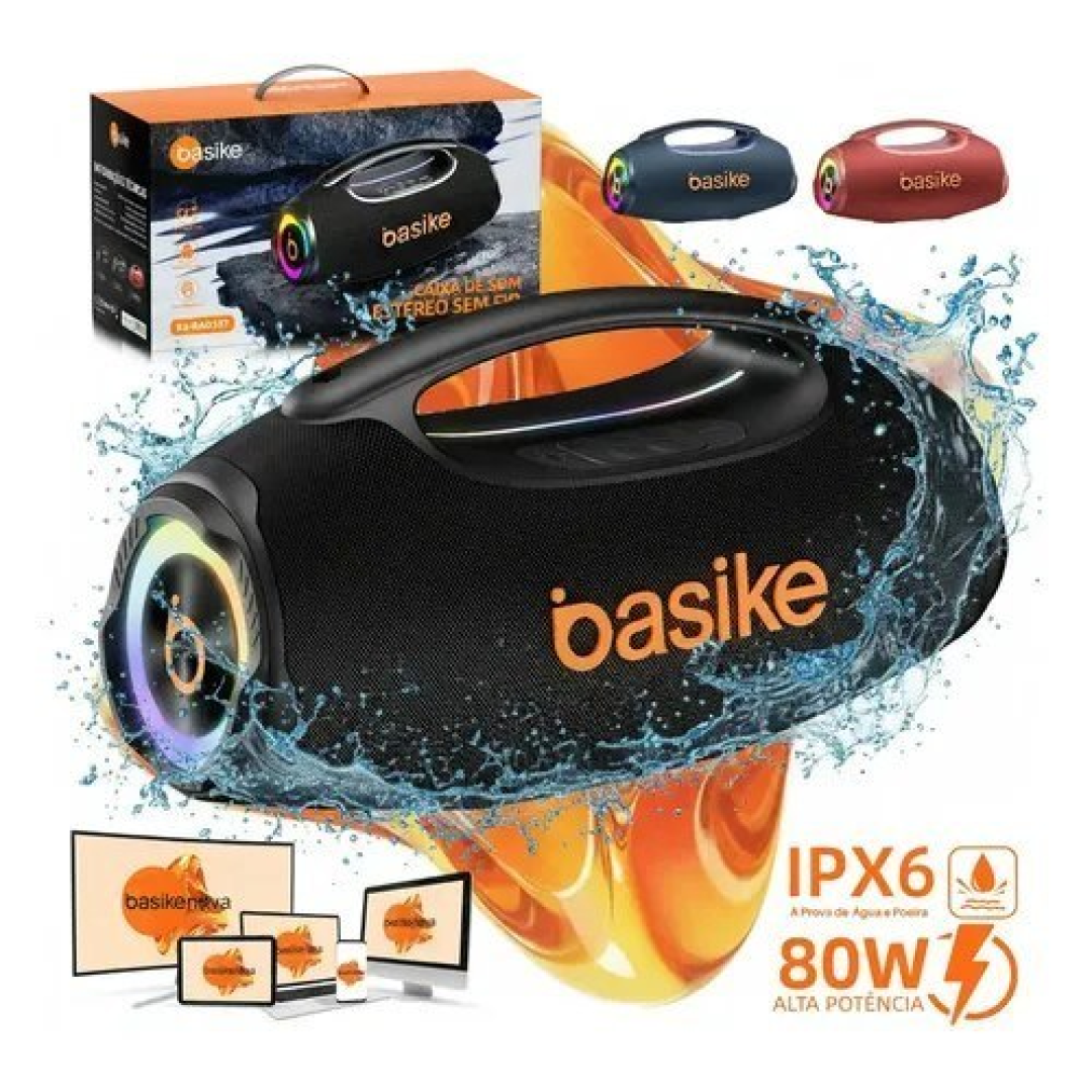 Caixa de Som Boombox 80W 8000Mah 10hrs Portátil Bluetooth 5.3 Sem fio Ipx6 À Prova D'água Com Luz Rgb Basike