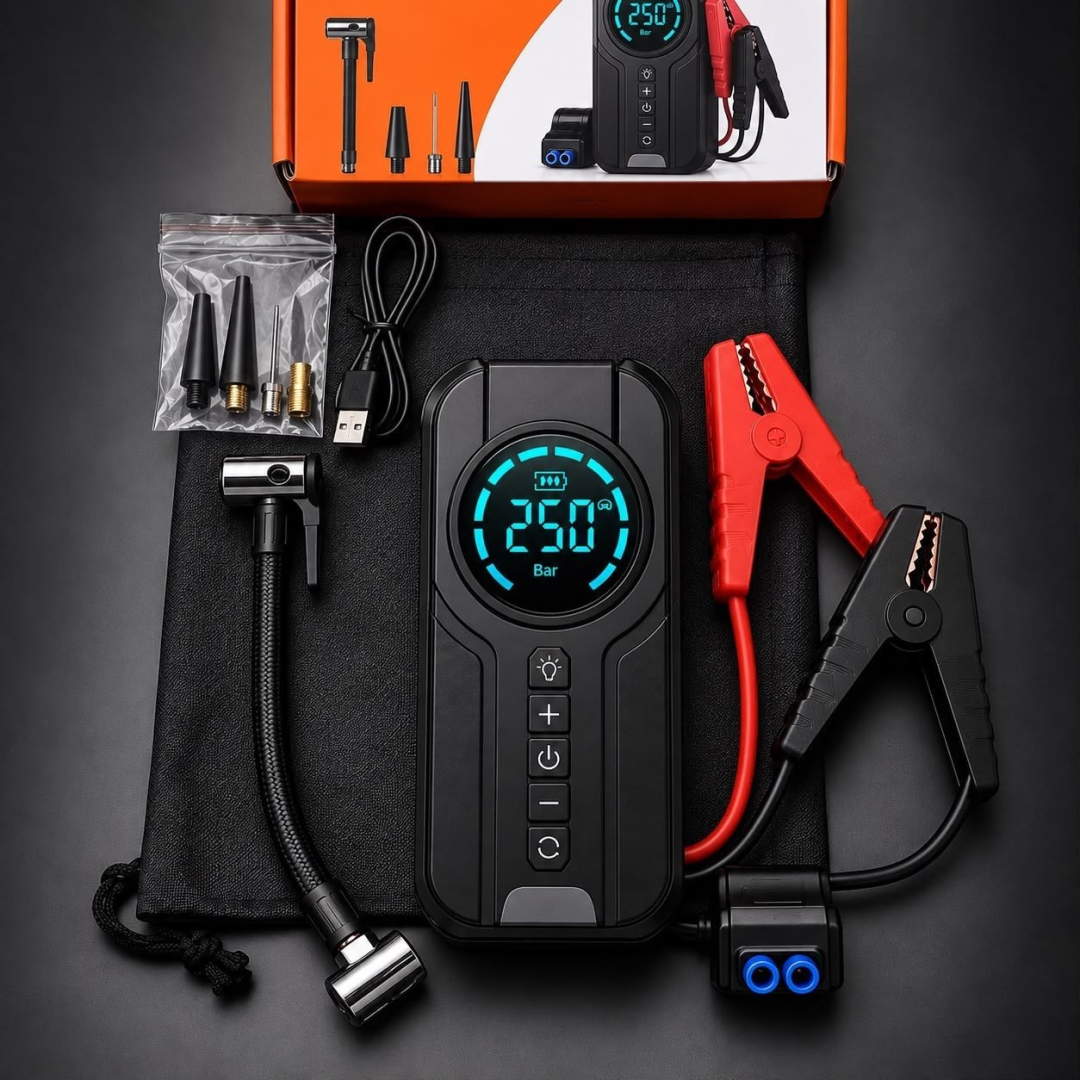Kit Compressor de Ar Compacto 150 Psi + Auxiliar de Partida + Powerbank