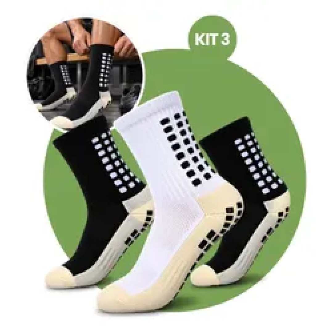 Kit com 3 Pares Meia Antiderrapante Esportiva