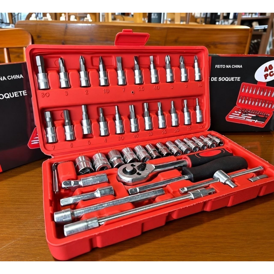 Jogo De Ferramentas Kit Multiuso Soquete 1/4 46 Peças Profissional Com Maleta Completa Aço Cromado Chaves Bits Catraca Reversível Extensões Junta Univ...