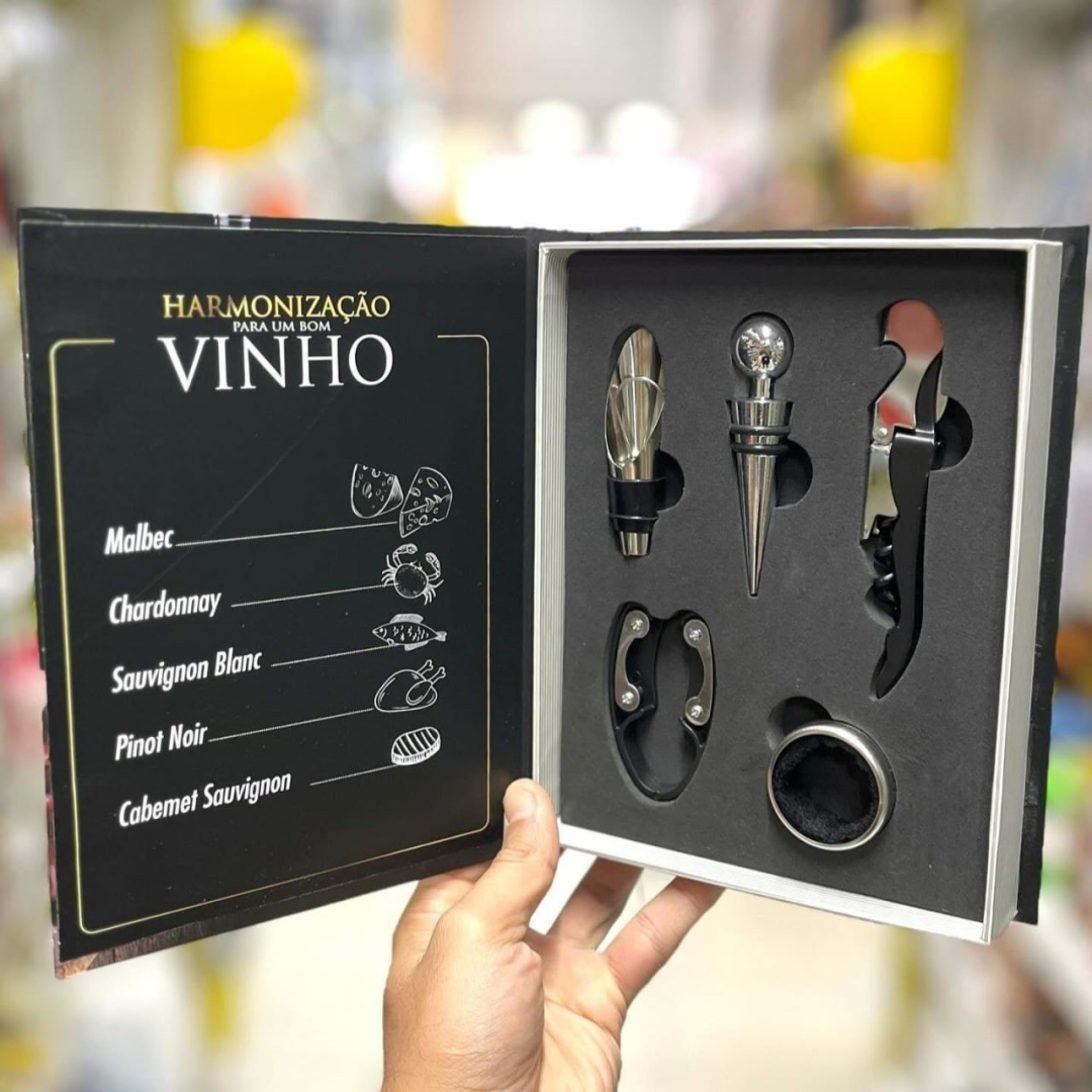 Kit Para Vinho 5 Peças: Abridor, Dosador, Saca Rolhas E Tampa