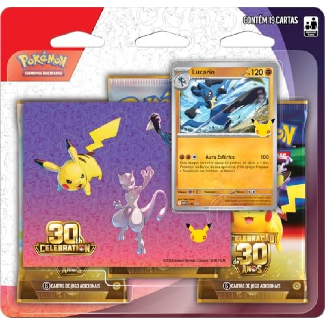 Pokémon TCG, Celebração de 30 anos Blister Triplo com Adesivo Pokémon Lucario