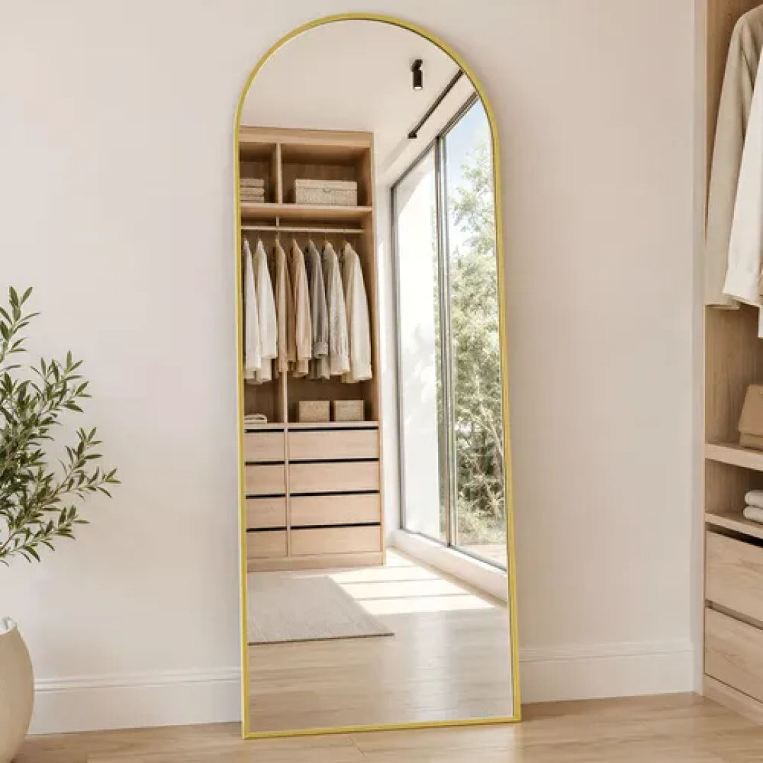 Espelho De Chão Corpo Inteiro Arco 165*60cm Com Suporte U Dourado
