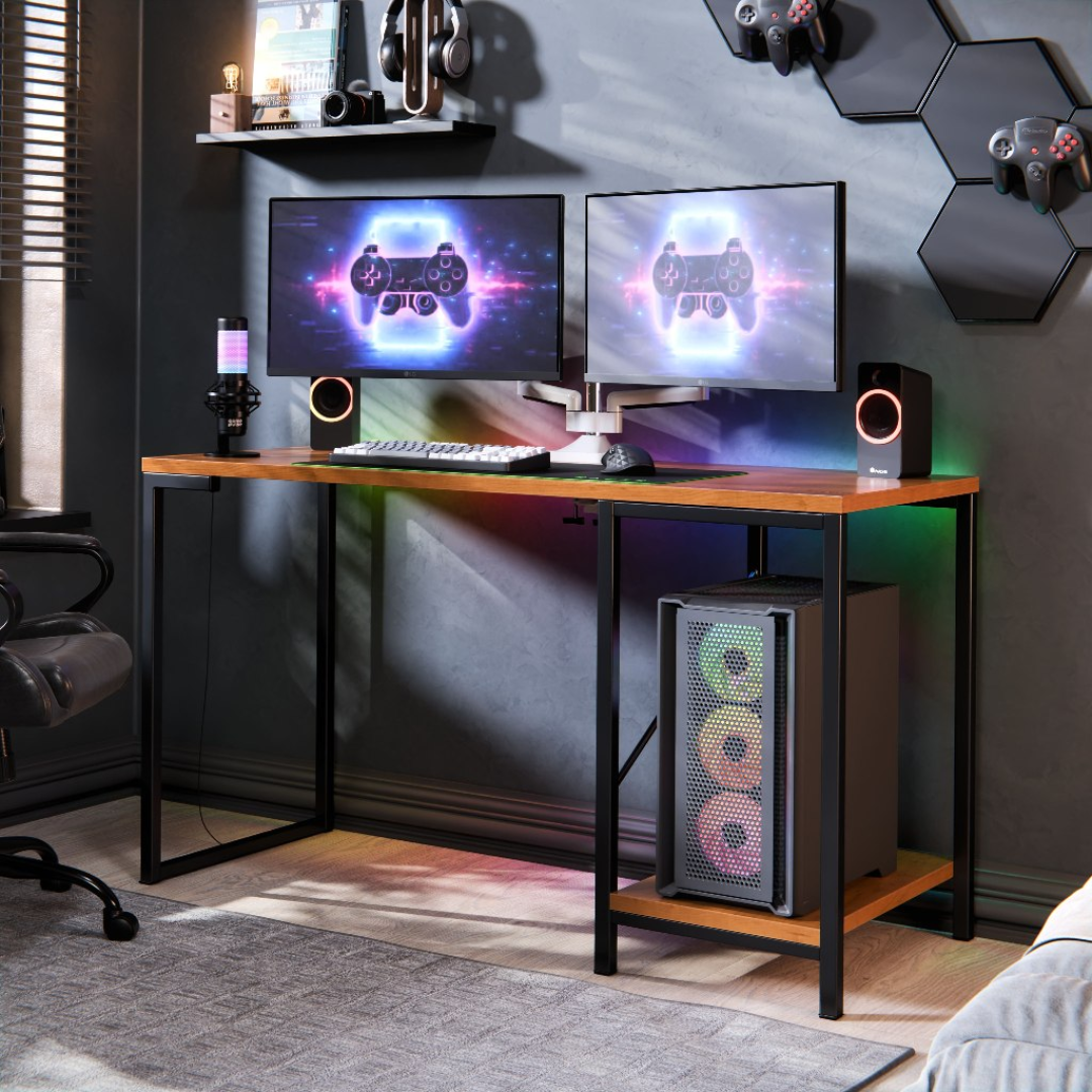 Mesa Escrivaninha Gamer e Home Office Barcelona Estilo Industrial com Prateleira em Aço Resistente e Mdf