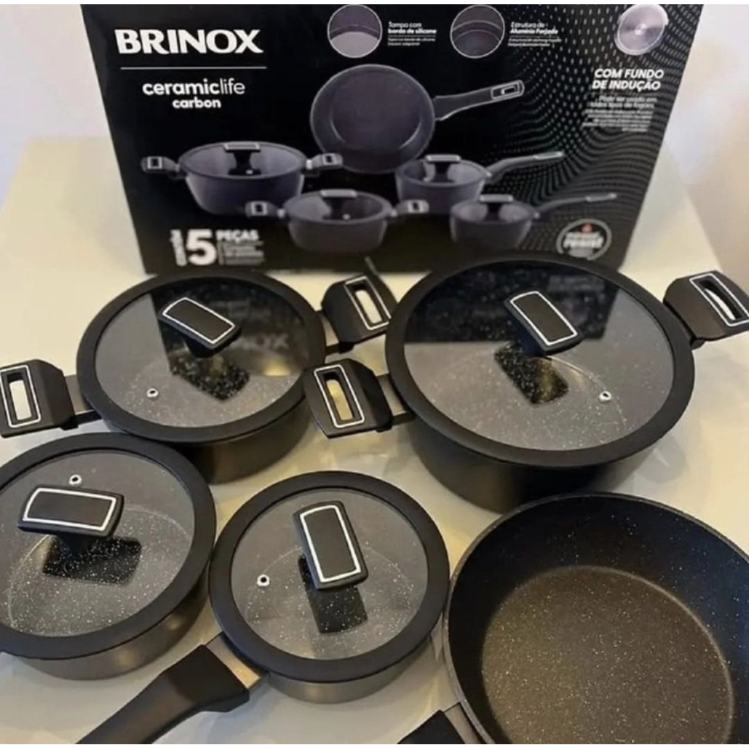 Jogo de Panelas Brinox Cerâmico 5 Peças Carbon Ceramic Life Preto
