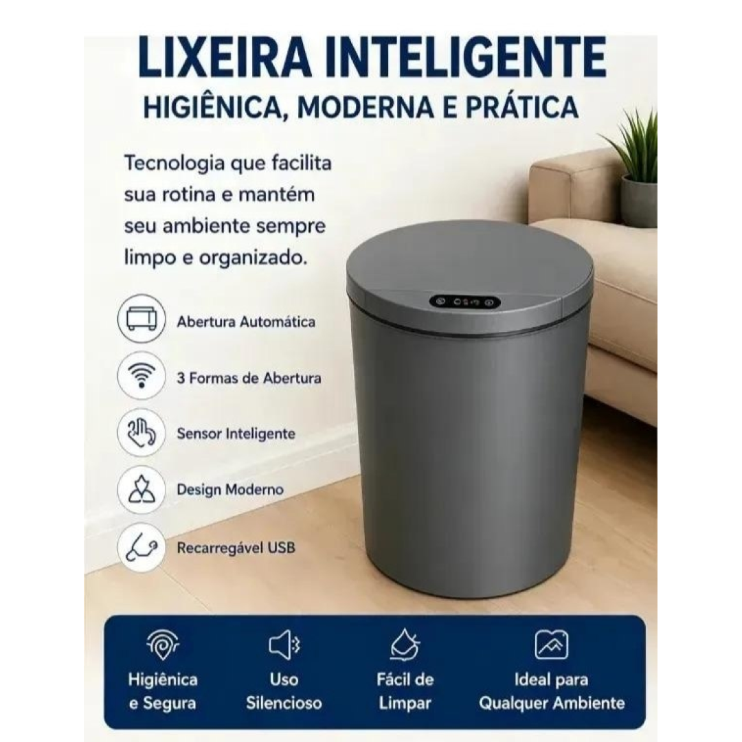 Lixeira Inteligente 16 Litros Com Sensor Automático Para Banheiro E Cozinha Cinza