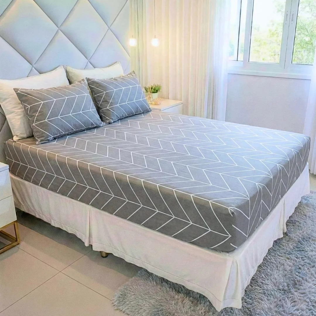 Jogo de Lençol Cama Queen Size 3 Peças Box Estampado Com Elástico Malha 100% Algodão Cozzilar