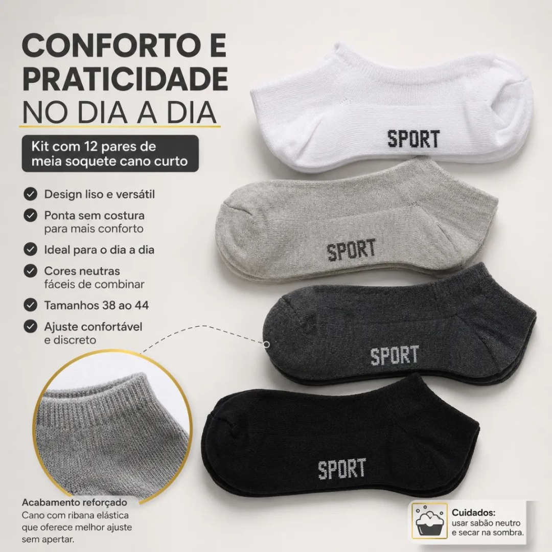 Kit 12 Pares Meia Soquete Cano Curto Unissex Atacado Cores Preto Lisa Soquete 38-44