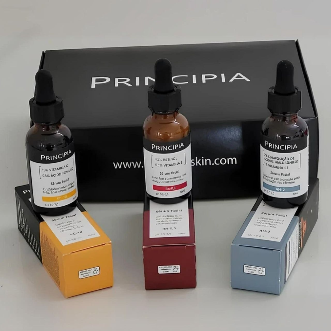 Kit com Principia Séruns Vitamina C + Retinol + Hialurônicos
