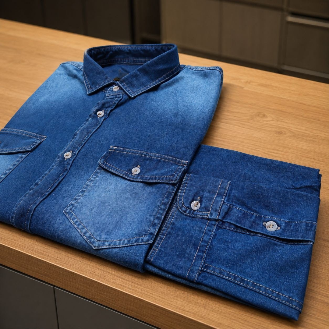 Camisa Jeans Social Slim Manga Longa