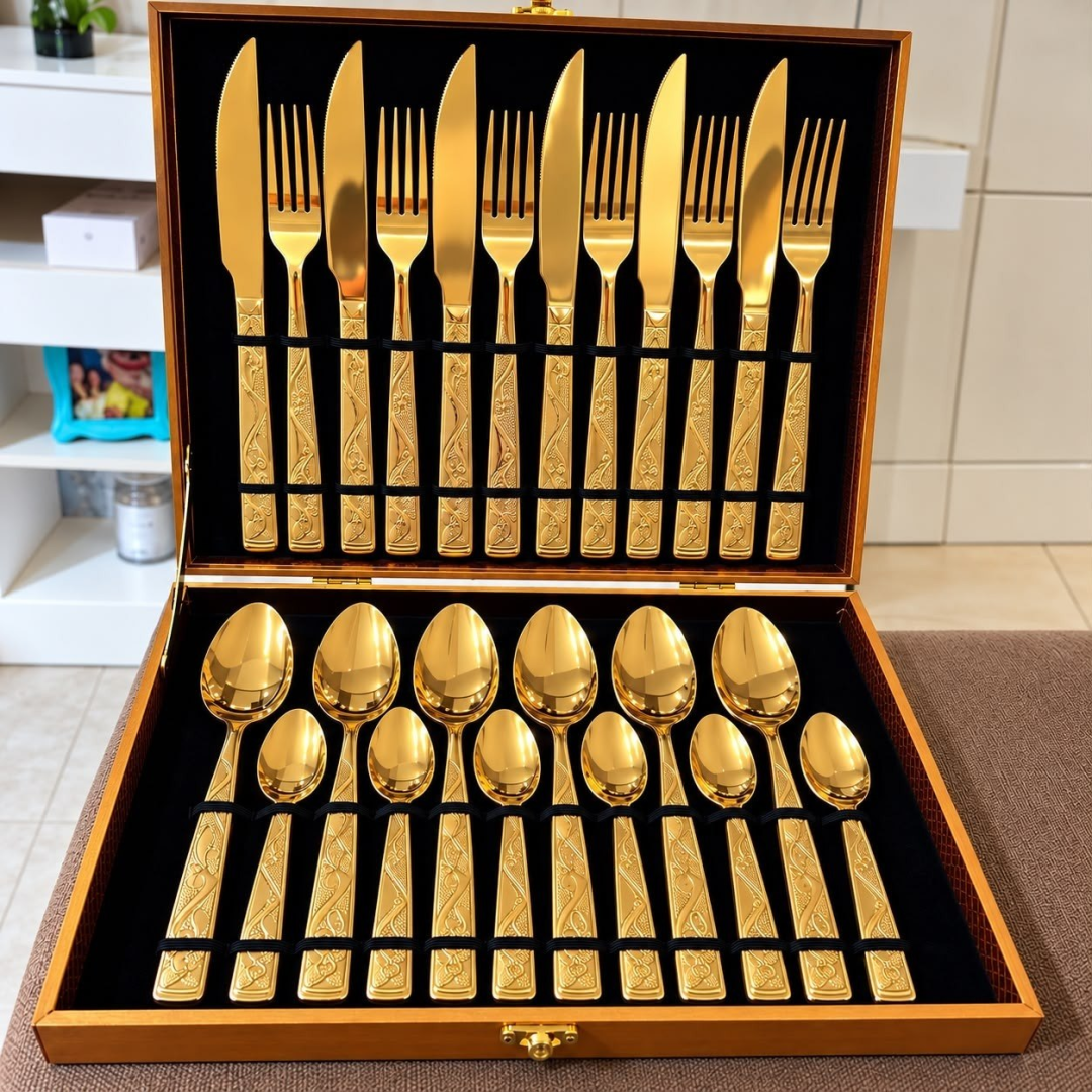 Maleta com 24 Peças Faqueiro Dourado + Maleta