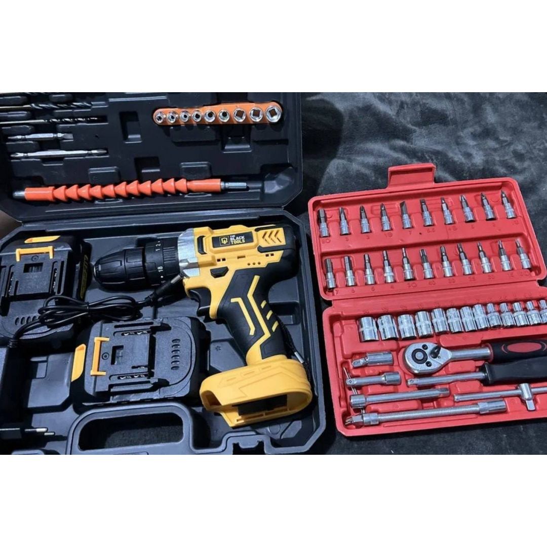 Furadeira Parafusadeira De Impacto 2 Baterias 21v + 46 Peças Amarelo 110v/220v 60hz