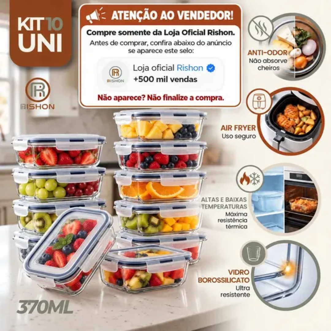 Kit com 10 Potes Herméticos De Vidro 640ml