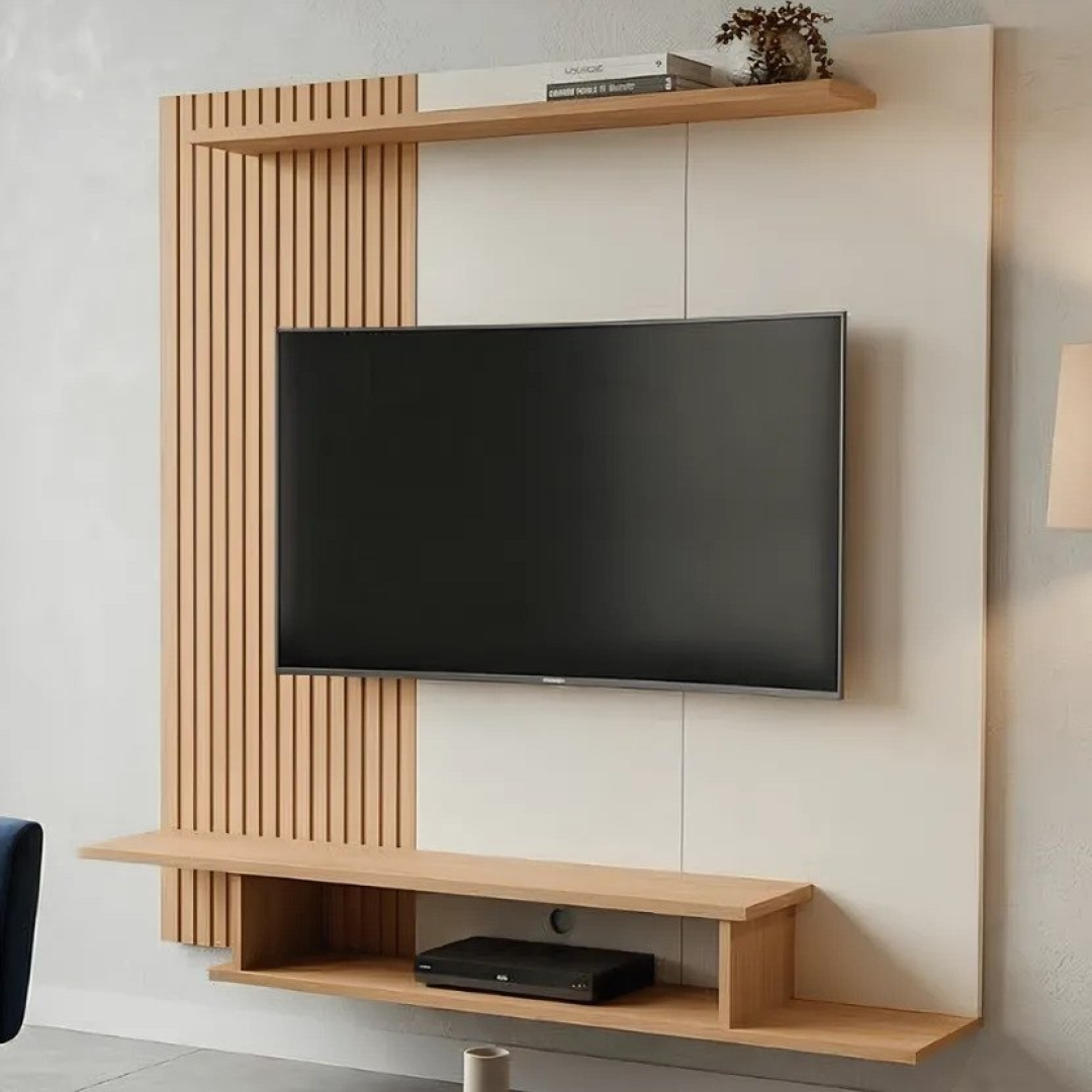 Estante Para Tv 55 Painel Ripado Com Prateleira E Nicho Sala Bege