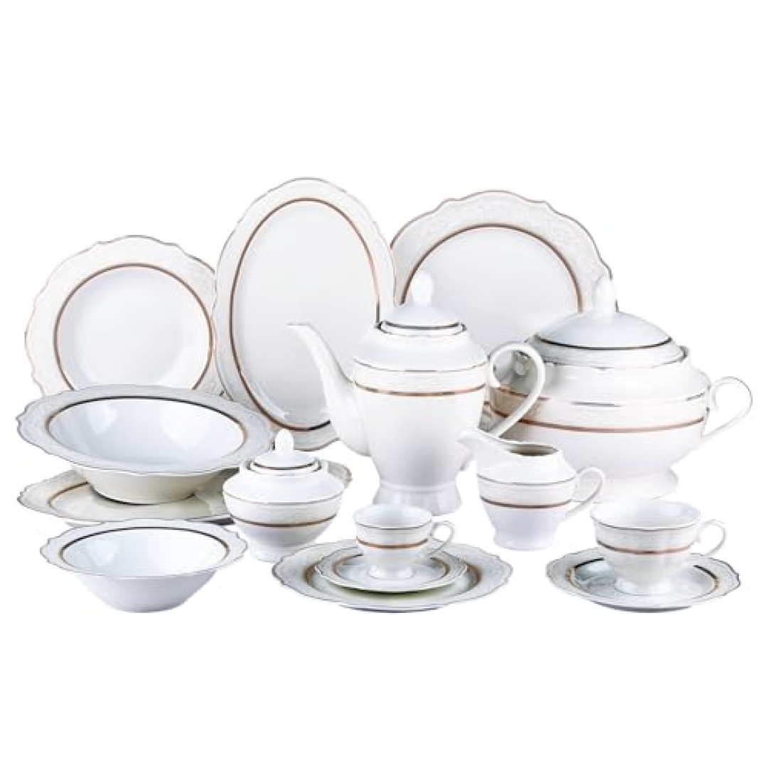 Aparelho de jantar Trésor em new Bone China 50 peças Branco com relevo e filado dourado