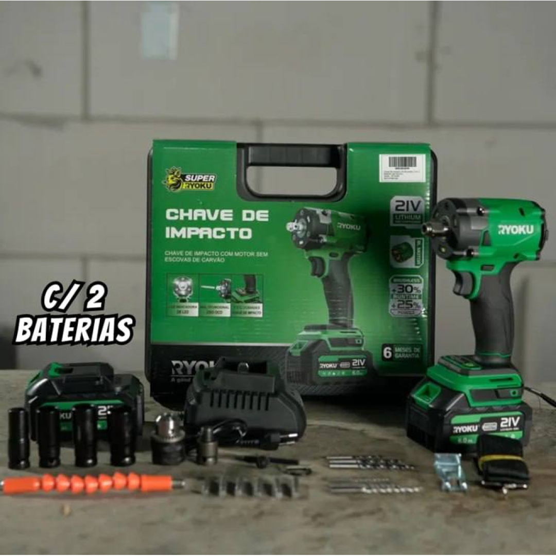 Chave De Impacto Brushless 600nm 21v Com 2 Baterias Ryoku Verde 127/220v