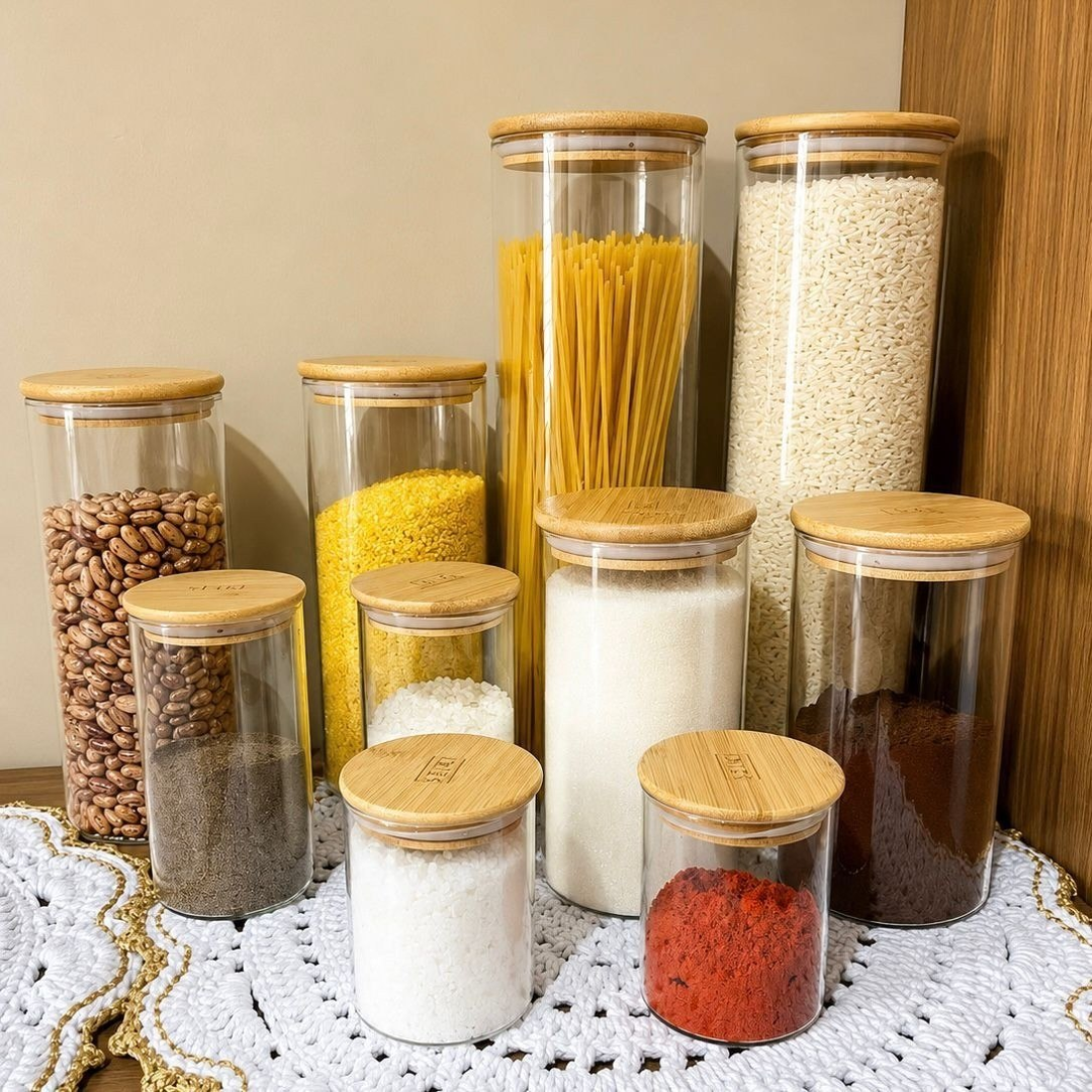 Kit com 10 Unidades Potes Herméticos de Vidro com Tampa de Bambu