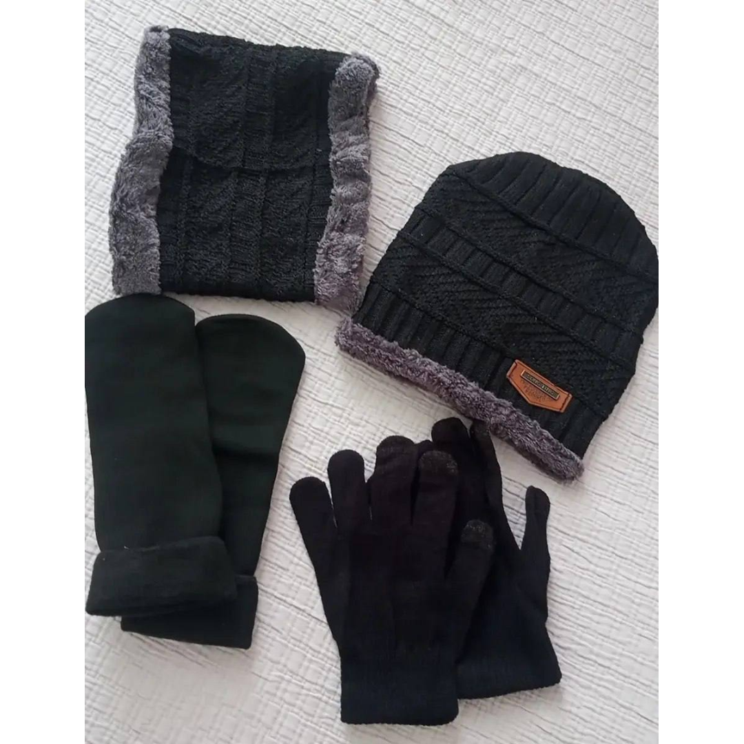 Kit Frio Touca Luva Cachecol Meia Térmica Unissex Inverno Preto Liso