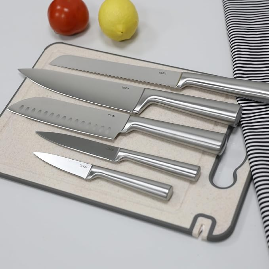 LUMAI Original Conjunto de 5 Facas Grandes de Cozinha Zurich Robusto em Aço Inoxidável 3CR13 com Lâminas Inteiriças – Forja Prolongada para Robustez, Anti ferrugem, Ultra Afiadas e Precisão Suíça