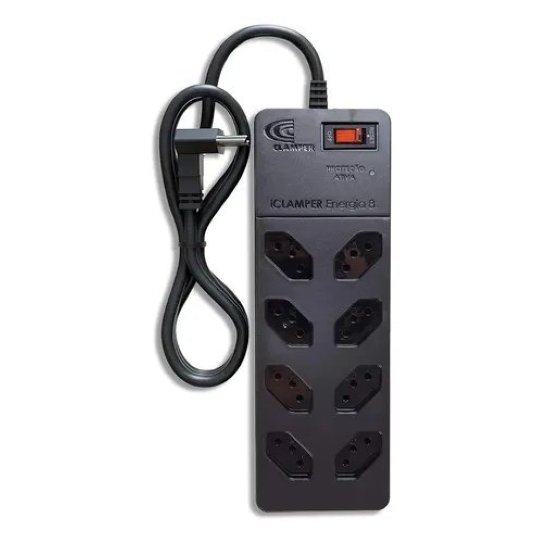 Filtro de Linha com Protetor de Surto Dps iCLAMPER Energia 8 Tomadas 3 Pinos 10 Amperes com Tecnologia Lcf Anti Raio Cor Preto
