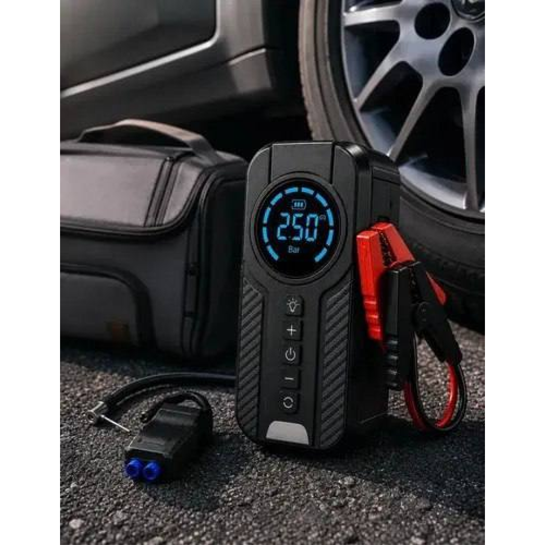 Auxiliar De Partida Para Carro Compressor De Ar Portátil 12V 4 funções em 1 Inflador Digital Calibrador De Pneu Power Bank Lanterna LED Emergência Aut...