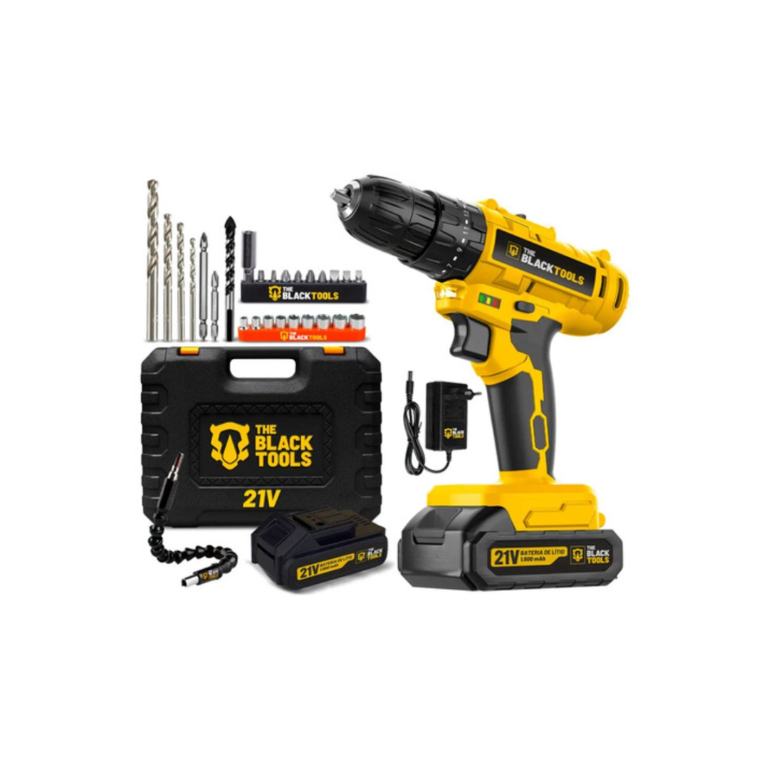 Parafusadeira Furadeira De Impacto A Bateria 21V 3/8” Bivolt 1400 Rpm Com Acessórios E Maleta TB-21PZW The Black Tools