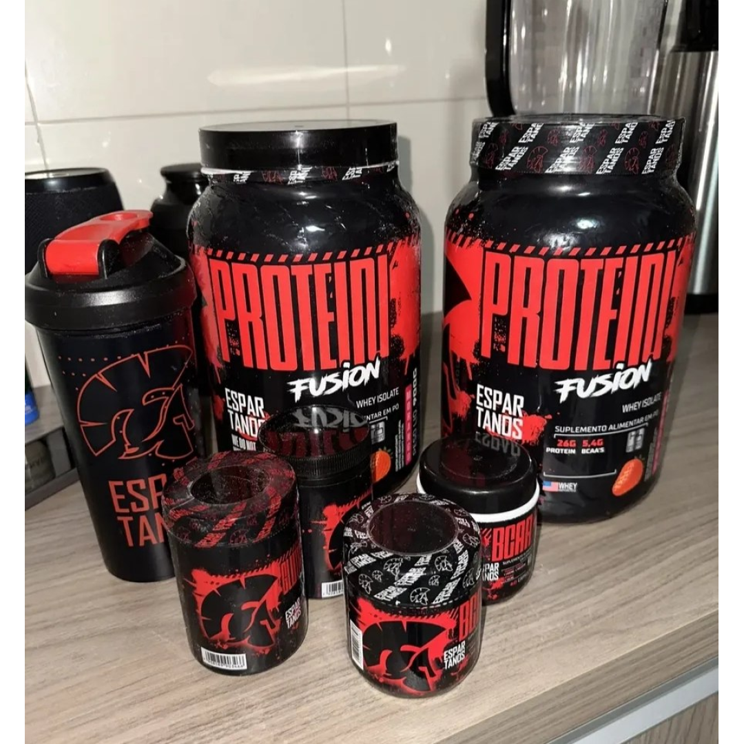 Kit 2x Whey Fusion + 2x Bcaa + 2x Crea + 2x Glutamina + Copo Sabor Morango/Baunilha