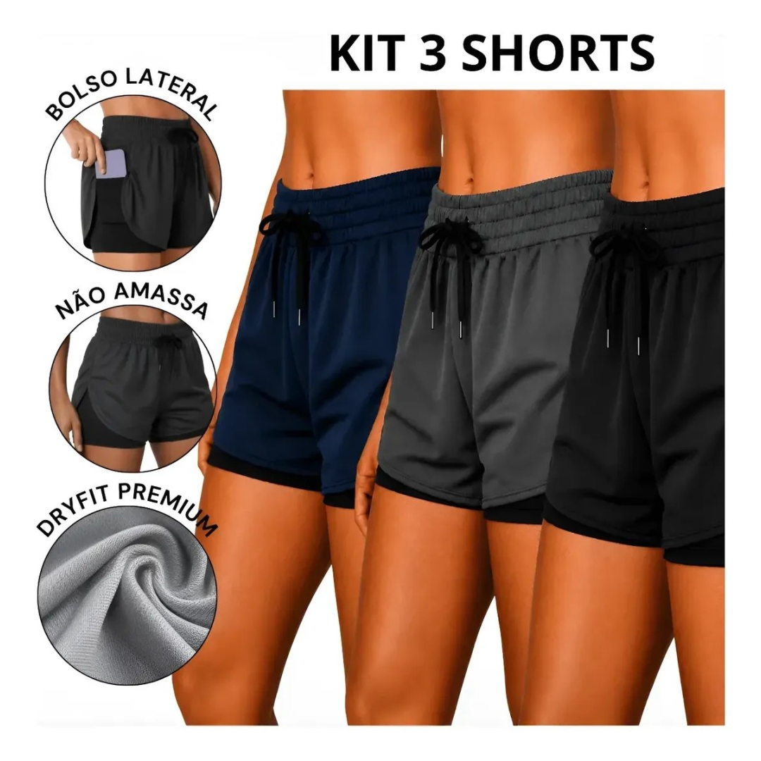 Kit 3 Shorts Compressão 2 Em 1 Feminino Fitness
