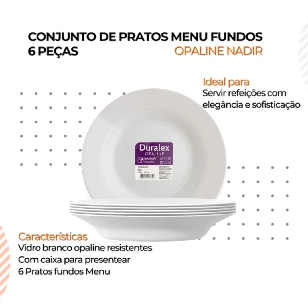 Jogo de Pratos Menu Fundo 04/06/12UN Branco 23 Cm Vidro Liso Duralex Temperado Opaline Almoço Hotel