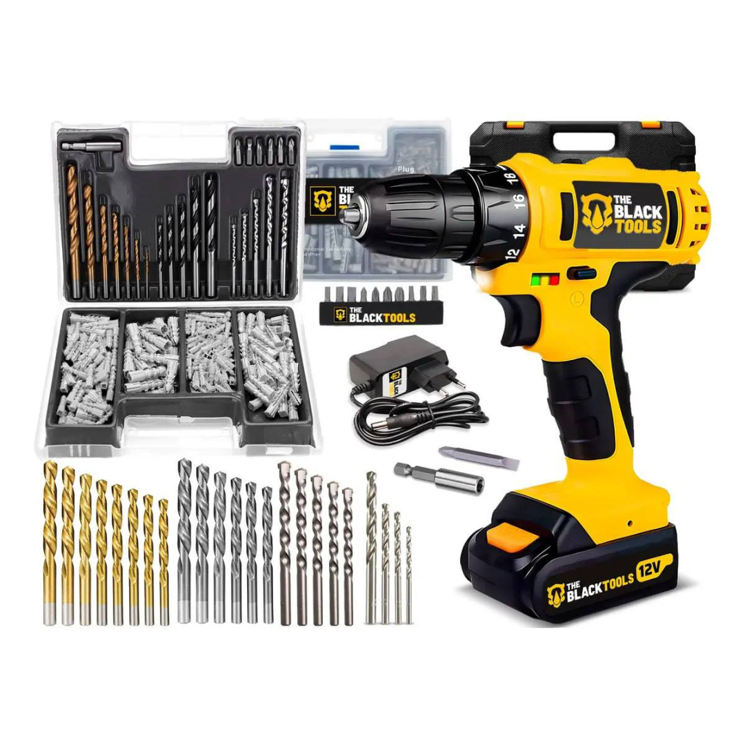 Parafusadeira Furadeira A Bateria 3/8” 10mm 1350rpm Bivolt The Black Tools + Jogo De Brocas Bits E Buchas 300 Peças
