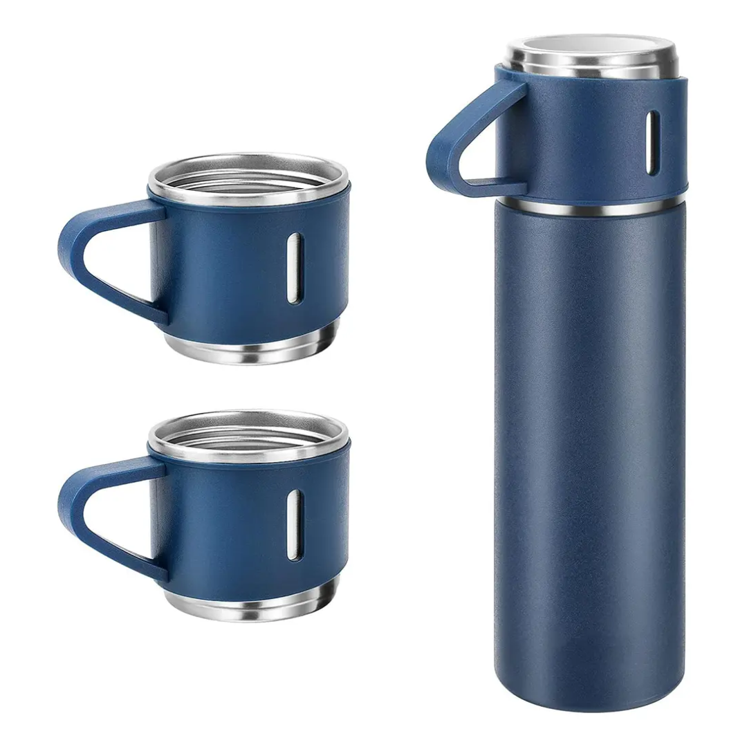 Kit Garrafa Térmica Inox 500ml Com 3 Xícara Garrafas De Café