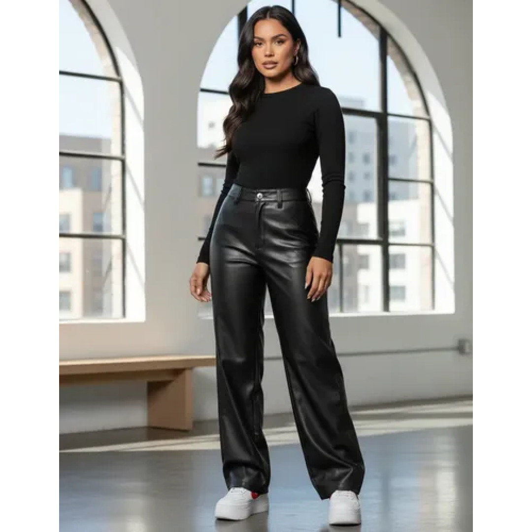 Calça Couro Fake Wide Leg Pantalona Festa Cintura Alta Luxo