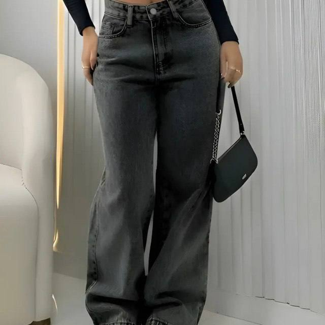 Calça Jeans Wide Leg Feminina Cintura Alta Pantalona Preto Black Marmo Liso 34