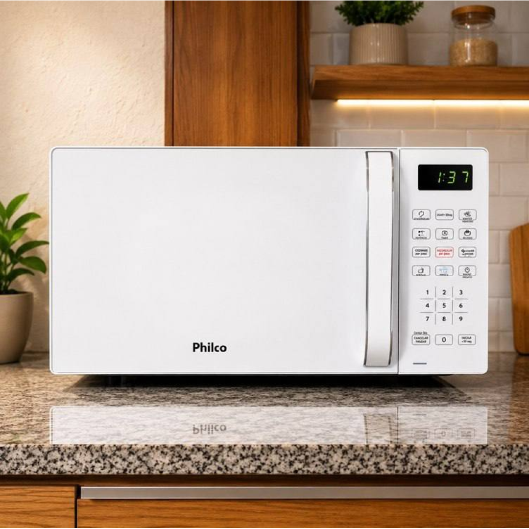 Micro-ondas Philco 20L Branco Pintura Limpa Fácil PMO23B
